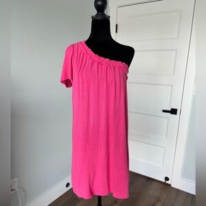 Monteau hot pink one shoulder short sleeve linen blend dress small